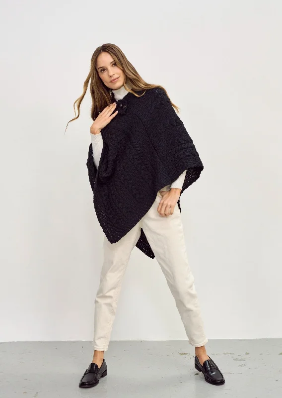 Women's Cloak with Collar Detail-Aran Poncho | Black