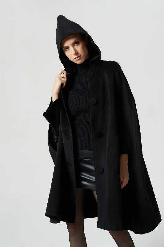 Women's Cloak with Fur Collar-black wool cape coat, hooded warm cape, women winter outerwear 1952# Women's Cloak with Fur Collar-black wool cape coat, hooded warm cape, women winter outerwear 1952#
