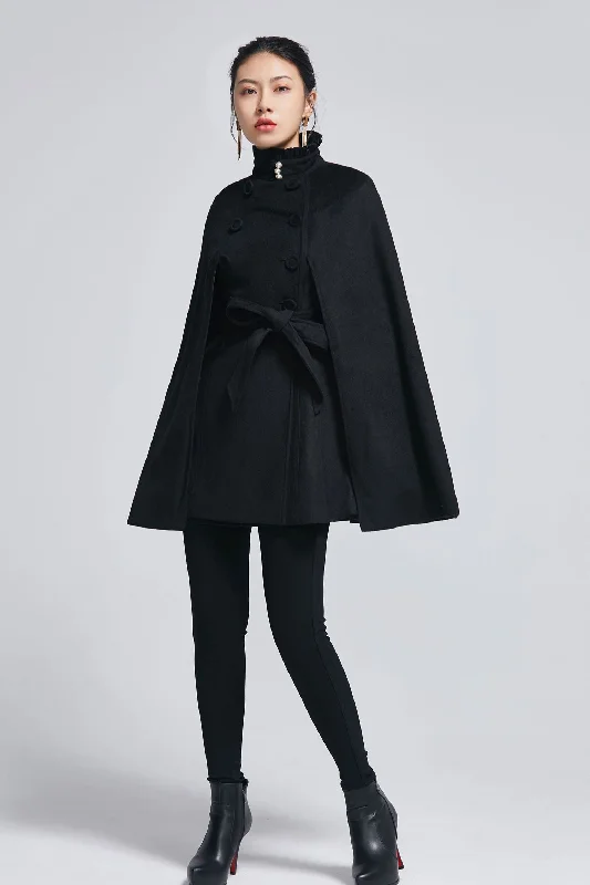 Women's Embellished Cloak-Black wool cape coat with self tie belt 2278