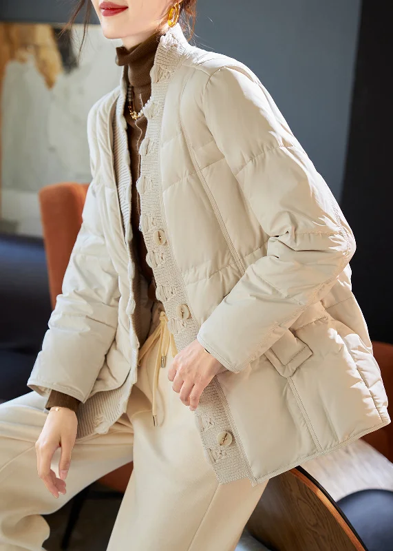 Women's Down Coat for Fall-Boho Beige V Neck Patchwork Duck Down Puffers Jackets Winter Women's Down Coat for Fall-Boho Beige V Neck Patchwork Duck Down Puffers Jackets Winter