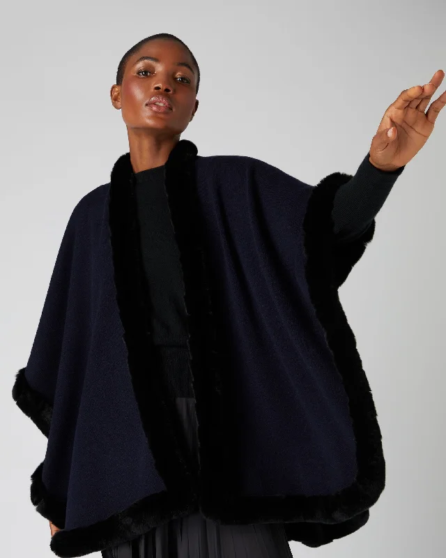 Women's Cloak for Halloween-Women's Ayla Fur Trim Cashmere Cape Navy Blue