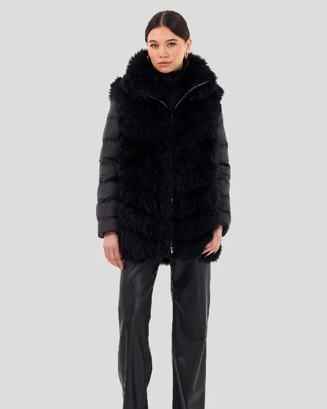Women's Down Coat-Select Cashmere Goat Chevron Jacket with Detachable Quilted Sleeves Women's Down Coat-Select Cashmere Goat Chevron Jacket with Detachable Quilted Sleeves