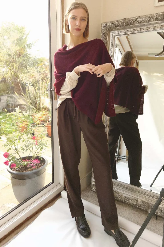 Warm Women's Cloak-Bordeaux red Cashmere poncho Multiway