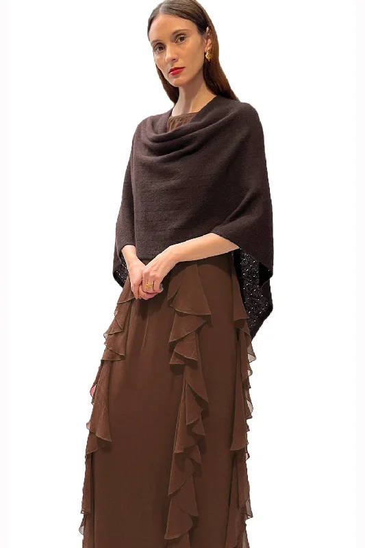 Women's Mid-Length Cloak-Chocolate brown Cashmere Poncho Multiway