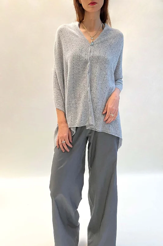 Women's Cloak with Decorative Buttons-Silver grey cashmere poncho Multiway