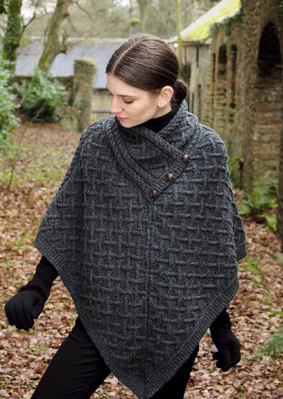 Women's Lightweight Hooded Cloak-Aran Super Soft Merino Wool Poncho | Charcoal