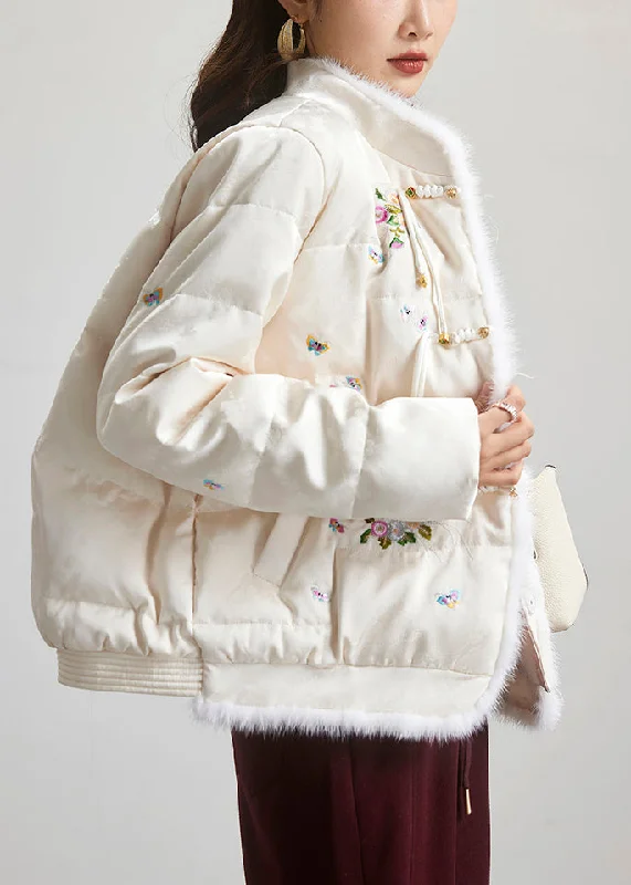 Women's Stylish Long Down Coat-Chinese Style Beige Embroideried Button Duck Down Parka Long Sleeve Women's Stylish Long Down Coat-Chinese Style Beige Embroideried Button Duck Down Parka Long Sleeve