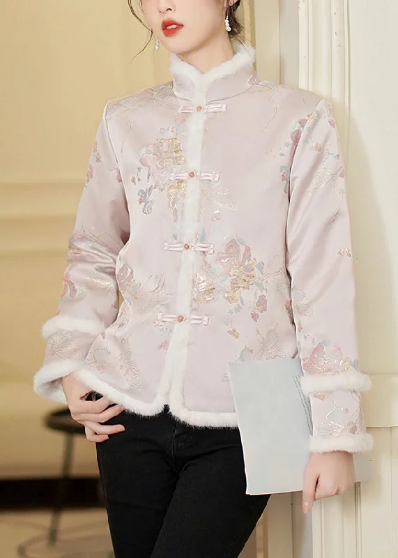 Women's Down Coat with Adjustable Cuffs-Chinese Style Pink Fur Collar Button Patchwork Thick Parka Winter Women's Down Coat with Adjustable Cuffs-Chinese Style Pink Fur Collar Button Patchwork Thick Parka Winter