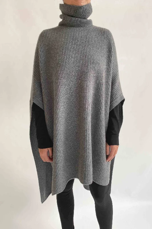 Women's Cloak with Belt-Cashmere Chunky Sweater Poncho with roll neck in Mid grey