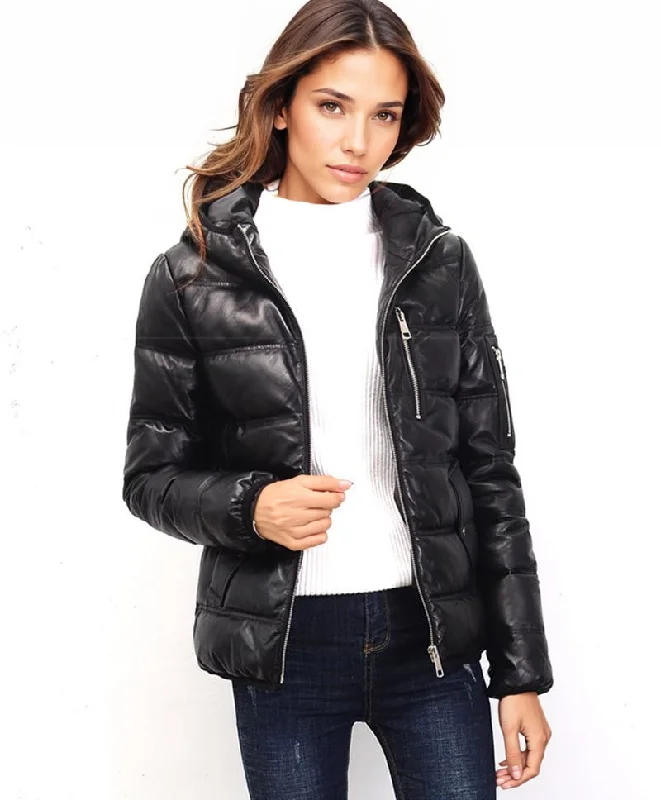 Warm Down Coat for Women-Contra 2020 Black Genuine Hooded Womens Leather Puffer Jacket