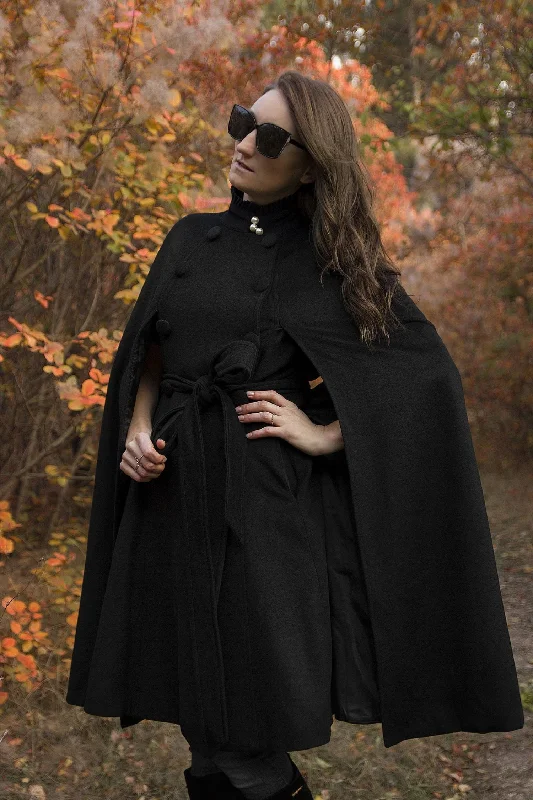 Women's Cloak for Elegant Occasions-Black Winter Wool Cape Coat 3216