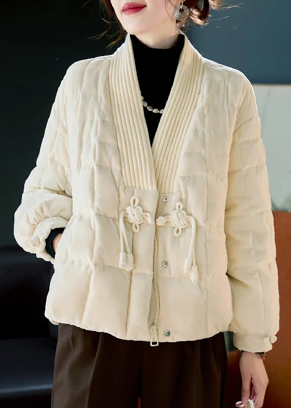 Women's Packable Down Coat-Elegant White V Neck Chinese Button Duck Down Puffers Jackets Winter
