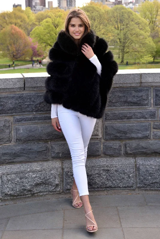 Women's Cloak for Party Wear-Faux Fur Poncho with Zipper - Black