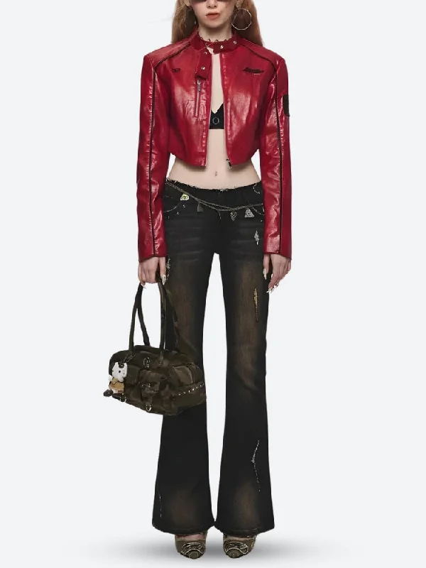 Women's Jackets with High Neck-Faux Leather Biker Jacket