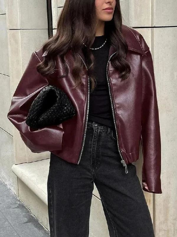 Women's Jackets for Active Women-Faux Leather Burgundy Jacket
