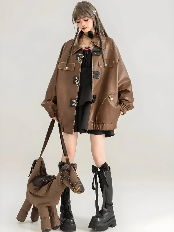 Women's Jackets with Snazzy Details-Faux Leather Oversized Jacket