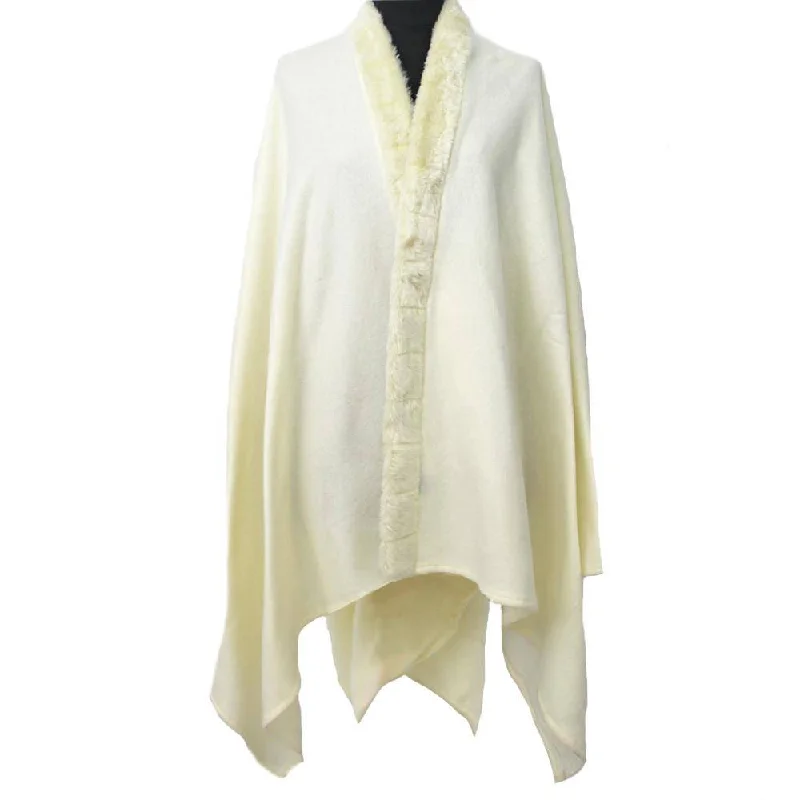Women's Cloak with Buckle Detail-Fleece Ruana With Faux Fur Border-Ivory