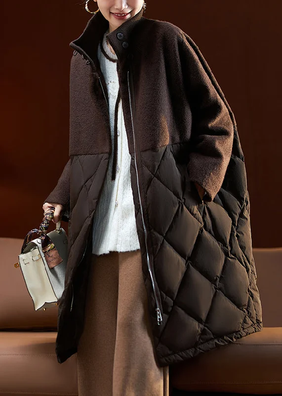 Women's Windproof Down Coat-French Coffee Zip Up Pockets Woolen Patchwork Duck Down Parka Winter Women's Windproof Down Coat-French Coffee Zip Up Pockets Woolen Patchwork Duck Down Parka Winter