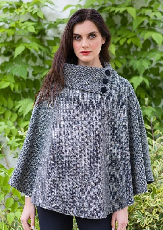 Women's Cloak for Chic Winter Layers-Mucros Poncho | Grey Herringbone