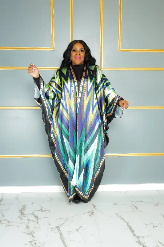 Kimono for Relaxed Summer Vibes-Green Chevron Satin Kimono