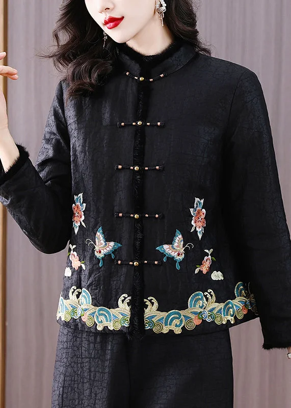 Women's Waterproof Down Coat for Snow-Handmade Vintage Black Embroidered Fine Cotton Filled Jacket Winter Women's Waterproof Down Coat for Snow-Handmade Vintage Black Embroidered Fine Cotton Filled Jacket Winter
