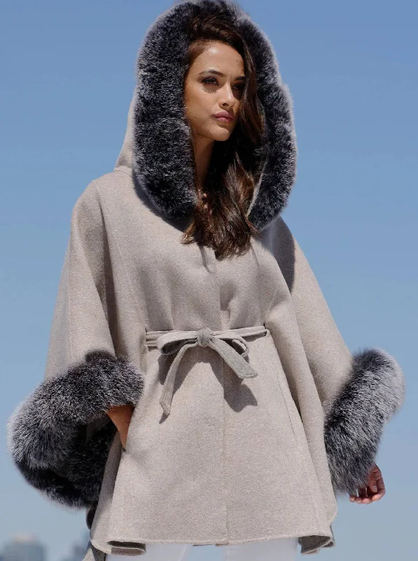 Women's Hooded Cloak for Fall-Hooded Poncho With Fur Trim