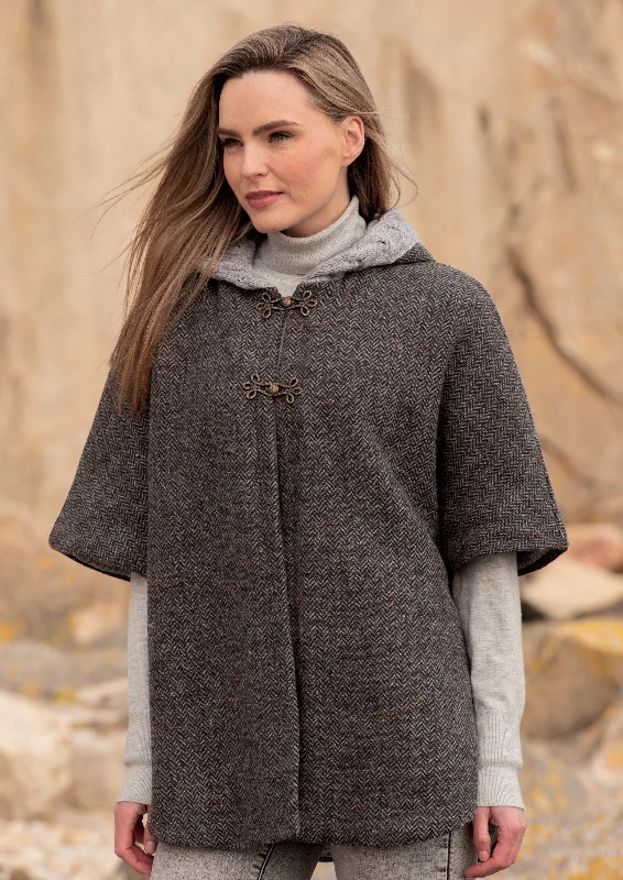 Women's Cloak for Snow Days-Aran Lined Hooded Tweed Cape | Charcoal