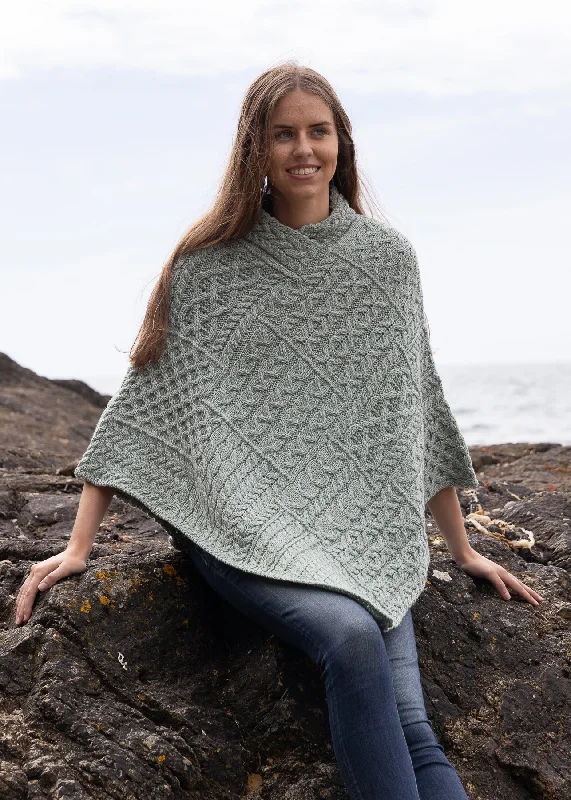 Women's Cloak with Faux Shearling Trim-IrelandsEye Poncho | Sage Marl