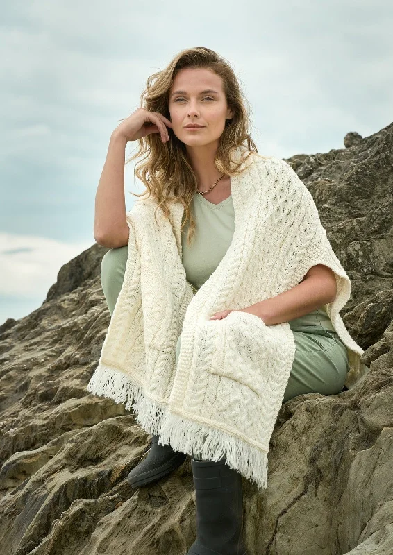 Women's Cloak for Chic Fashion-Aran Crafts Pocket Shawl | Natural