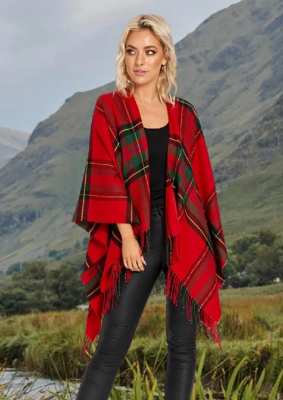 Women's Cloak with Draped Front-Jimmy Hourihan Fringed Shawl Red Plaid Design