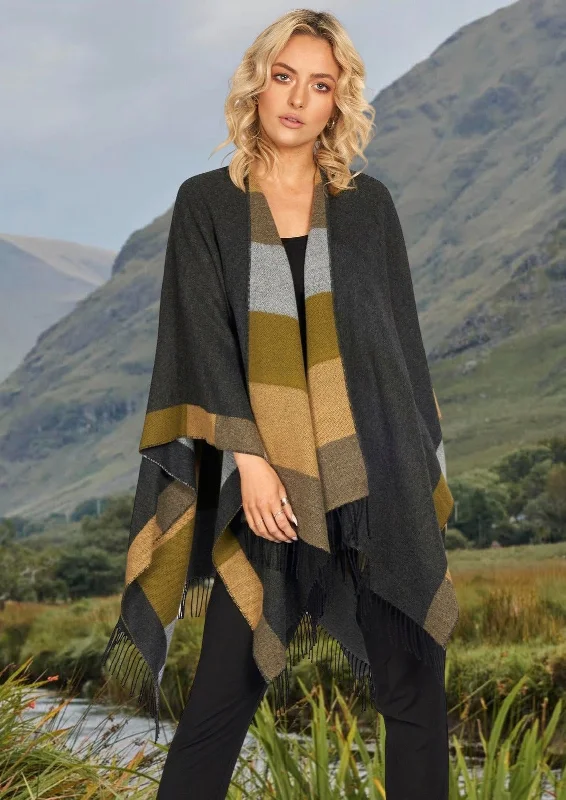 Women's Cloak for Everyday Style-Jimmy Hourihan Fringed Shawl with Coloured Bands