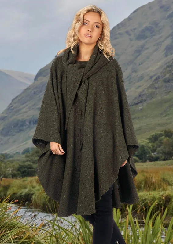 Women's Cloak with Silver Accents-Jimmy Hourihan Knee Length Cape in Green Donegal Tweed Women's Cloak with Silver Accents-Jimmy Hourihan Knee Length Cape in Green Donegal Tweed