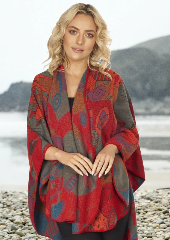 Women's Statement Cloak-Jimmy Hourihan Shawl With 'Picasso' Inspired Motif Red
