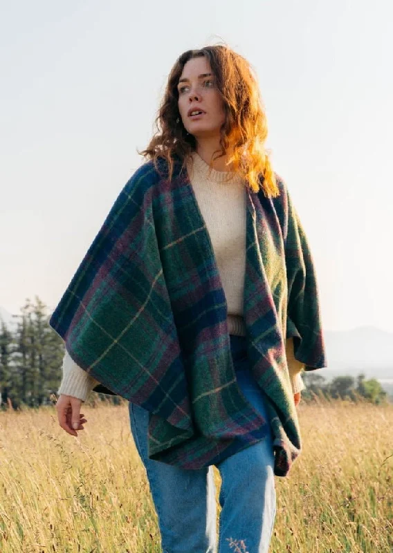 Women's Lightweight Cloak-John Hanly Lambswool Cape | Green Navy Purple Plaid