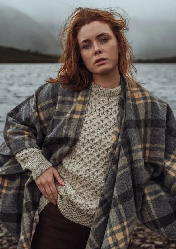 Women's Oversized Cloak-John Hanly Lambswool Cape | Grey Beige Check