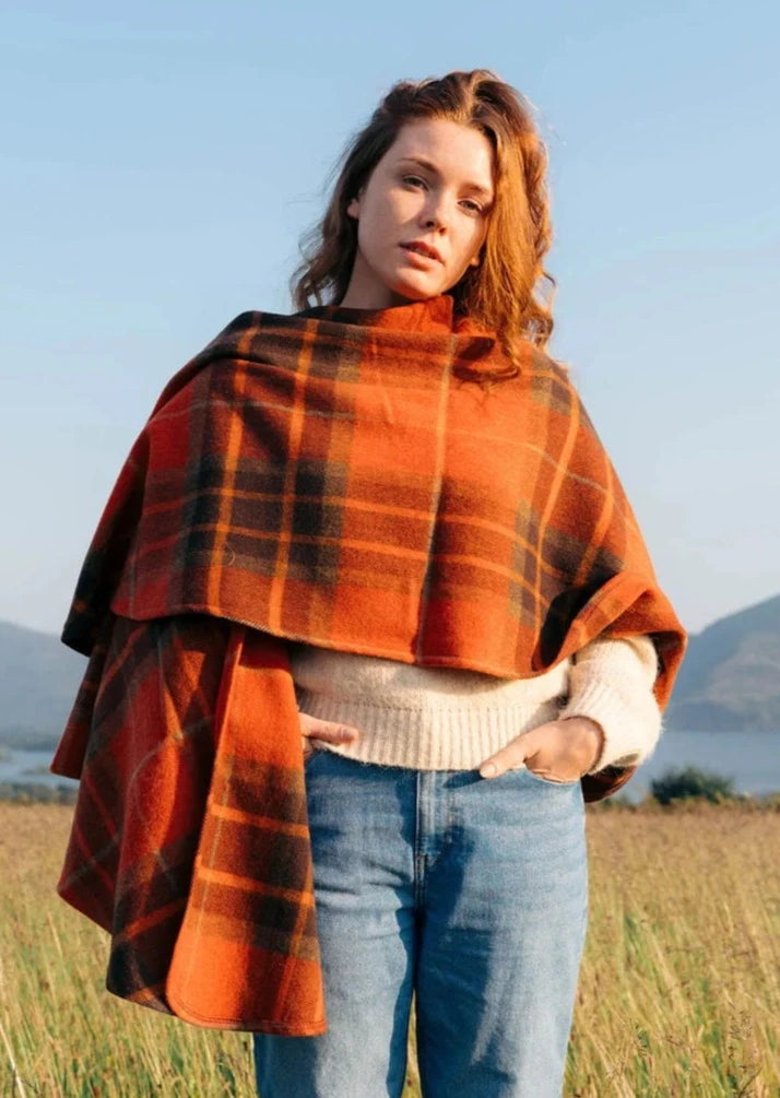 Women's Cloak with Long Sleeves-John Hanly Lambswool Cape | Orange Tartan Mix