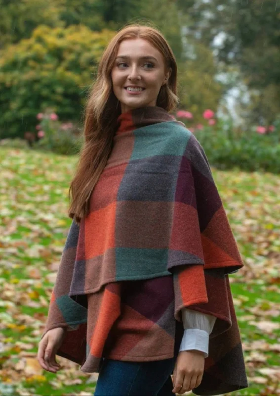 Women's Cloak with Ruffled Details-John Hanly Lambswool Cape | Orange Maroon Green Block Women's Cloak with Ruffled Details-John Hanly Lambswool Cape | Orange Maroon Green Block
