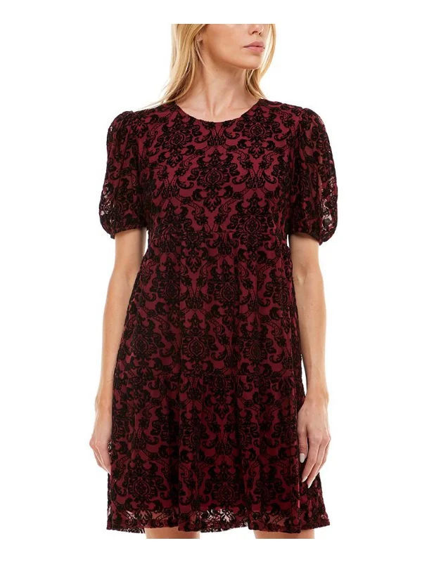 Doll Dress with Lace and Ribbon -Juniors Womens Velvet Mini Babydoll Dress