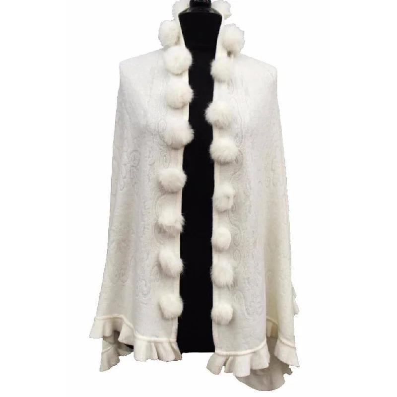 Women's Cloak for Winter Wardrobe Staples-Knit Shawl with Ruffle and Rabbit Poms