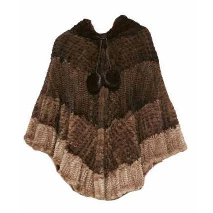 Women's Cloak with Adjustable Waist-Knitted Ombre Mink Poncho with Hood - Brown