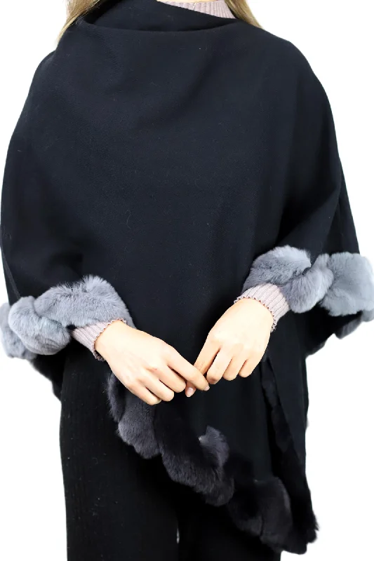Women's Cloak for Winter Travels-La Fiorentina | Asymmetrical Poncho with Ombre Fur Trim - Black