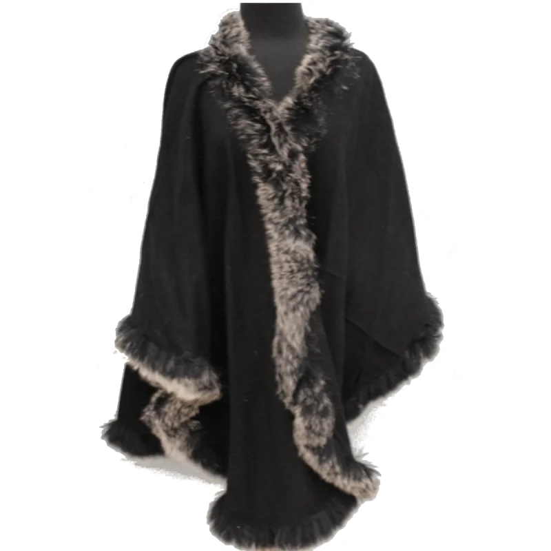 Women's Fleece Lined Cloak-La Fiorentina  Black Snow Top Cape with Fox Fur Trim