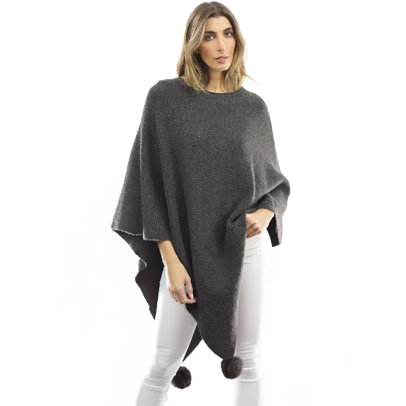 Women's Cloak with Feather Trim-La Fiorentina | Corner-Pom Poncho - Charcoal