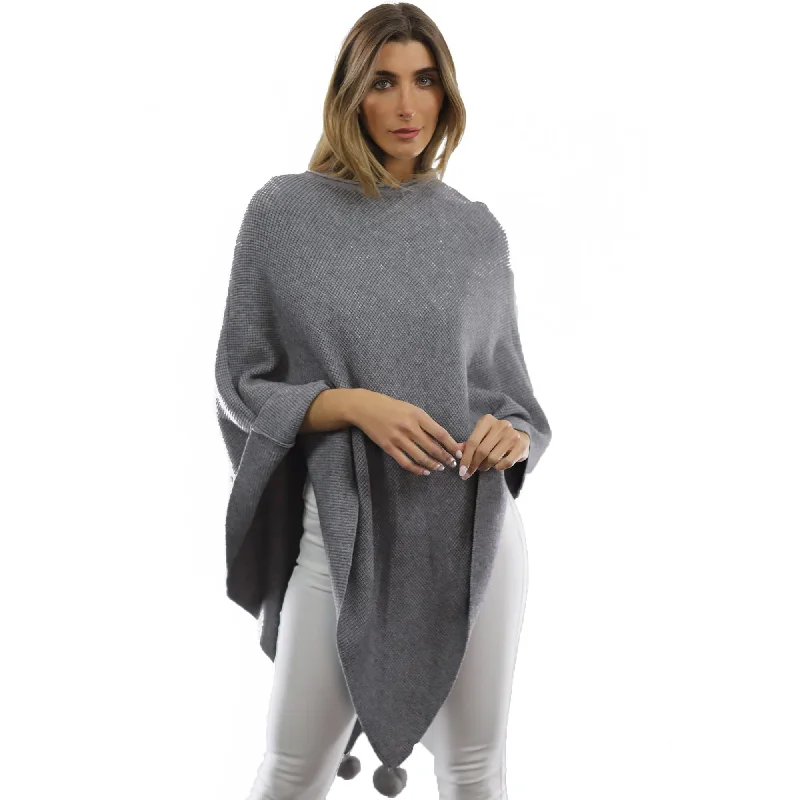 Women's Cloak with Soft Lining-La Fiorentina | Corner-Pom Poncho - Grey