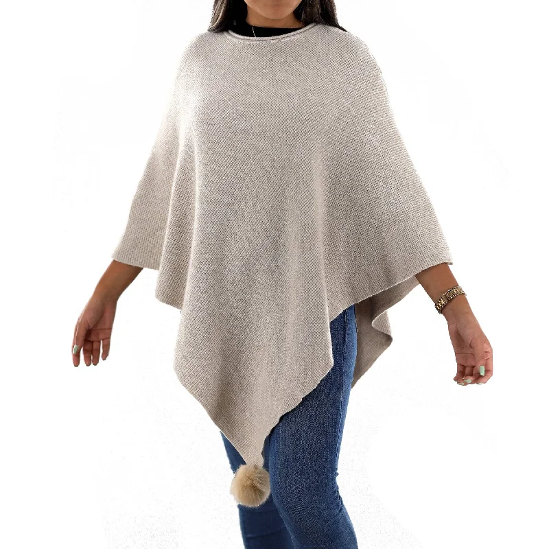 Women's Cloak with Bohemian Flair-La Fiorentina | Corner-Pom Poncho - Ivory