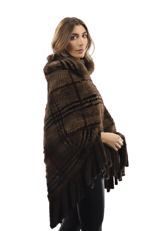 Women's Cloak for Sophisticated Look-La Fiorentina - Mink Plaid Poncho Brown/Wine/Blue Women's Cloak for Sophisticated Look-La Fiorentina - Mink Plaid Poncho Brown/Wine/Blue