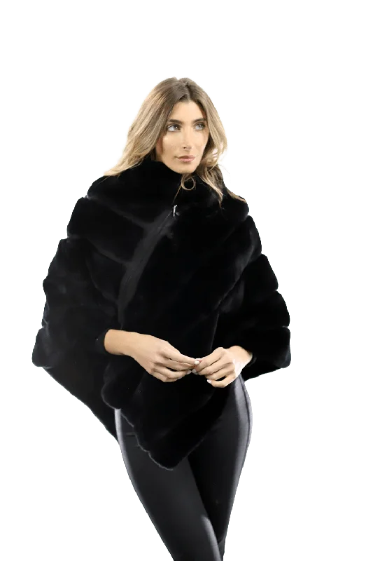 Women's Cloak with Wool Blend-La Fiorentina -  Rex Rabbit Poncho with Zipper - Black