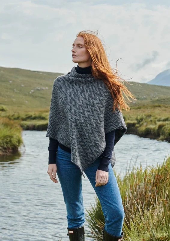 Women's Velvet Cloak for Special Occasions-Ladies Herringbone Poncho | Charcoal