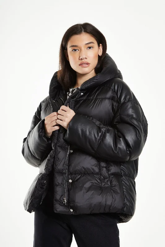 Women's Down Coat with Sleek Finish-Glamorous Black Hooded Puffer Jacket