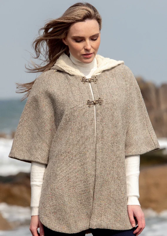 Women's Cloak with Embroidered Detail-Ladies Tweed Hooded Herringbone Cape | Natural Women's Cloak with Embroidered Detail-Ladies Tweed Hooded Herringbone Cape | Natural